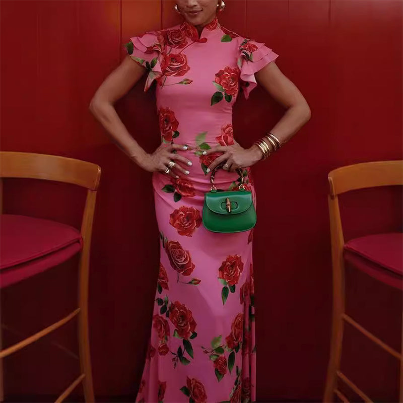 🔥👗Sukienka maxi w stylu Cheongsam z rozkloszowanymi rękawami i różową wstawką