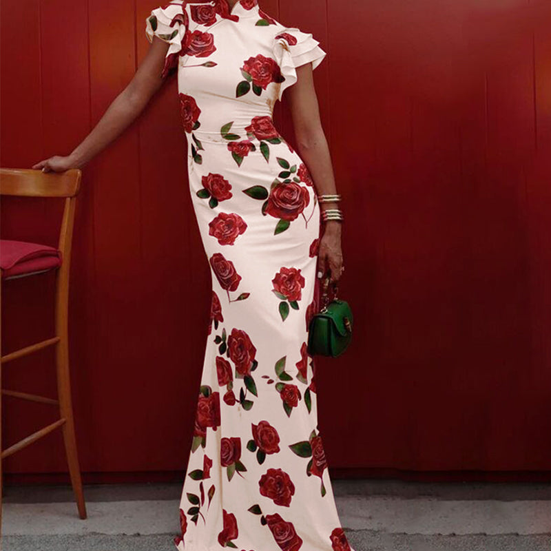 🔥👗Sukienka maxi w stylu Cheongsam z rozkloszowanymi rękawami i różową wstawką