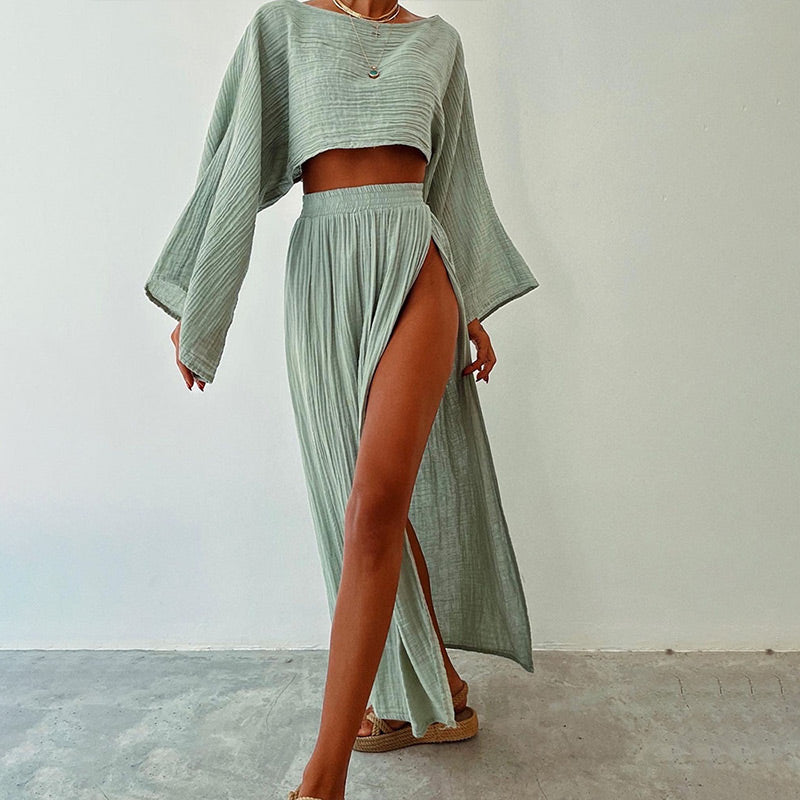 🔥👗Damski codzienny komplet z bawełny i lnu z rozcięciem z boku, dwuczęściowy