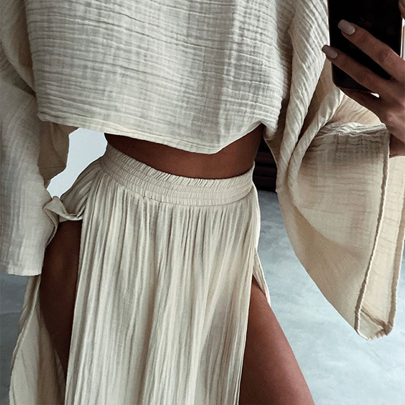 🔥👗Damski codzienny komplet z bawełny i lnu z rozcięciem z boku, dwuczęściowy