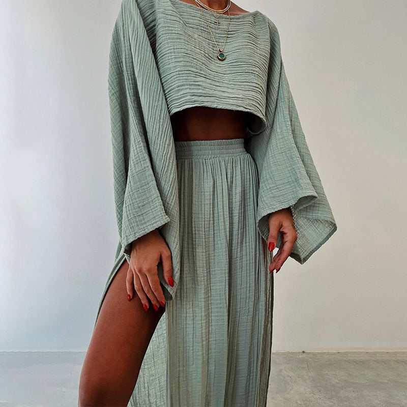 🔥👗Damski codzienny komplet z bawełny i lnu z rozcięciem z boku, dwuczęściowy