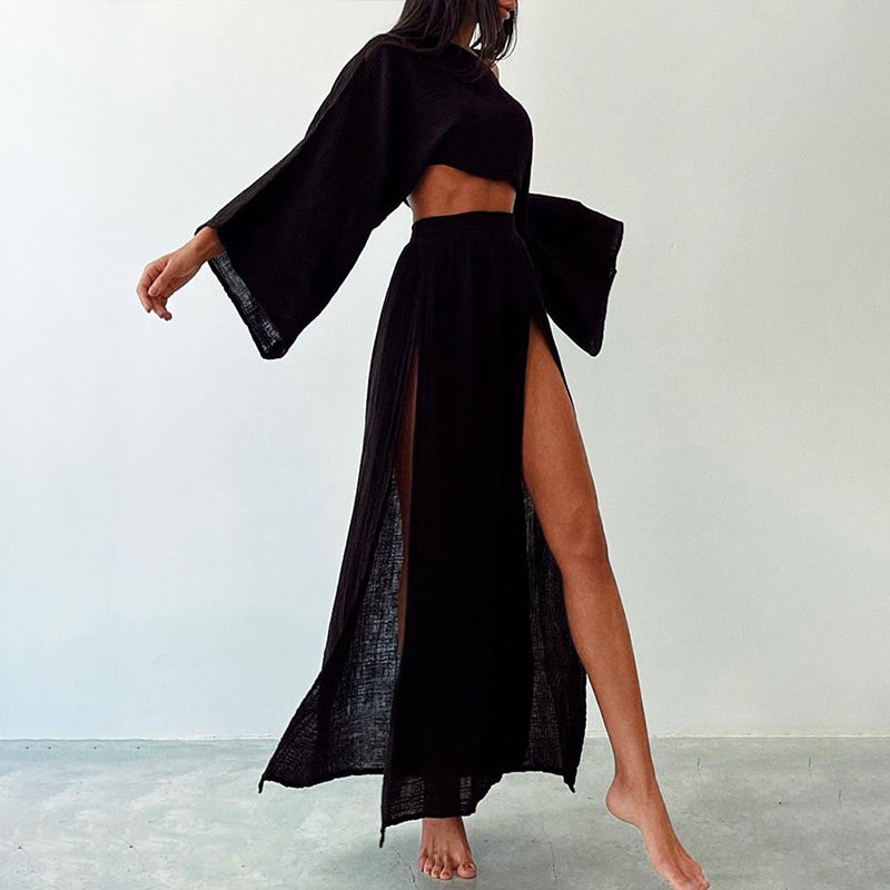 🔥👗Damski codzienny komplet z bawełny i lnu z rozcięciem z boku, dwuczęściowy
