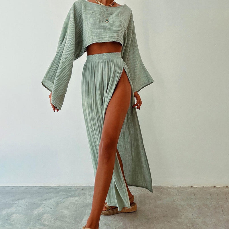 🔥👗Damski codzienny komplet z bawełny i lnu z rozcięciem z boku, dwuczęściowy