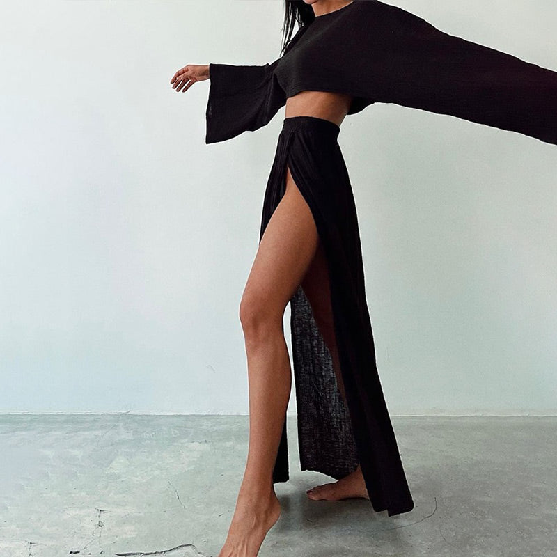 🔥👗Damski codzienny komplet z bawełny i lnu z rozcięciem z boku, dwuczęściowy