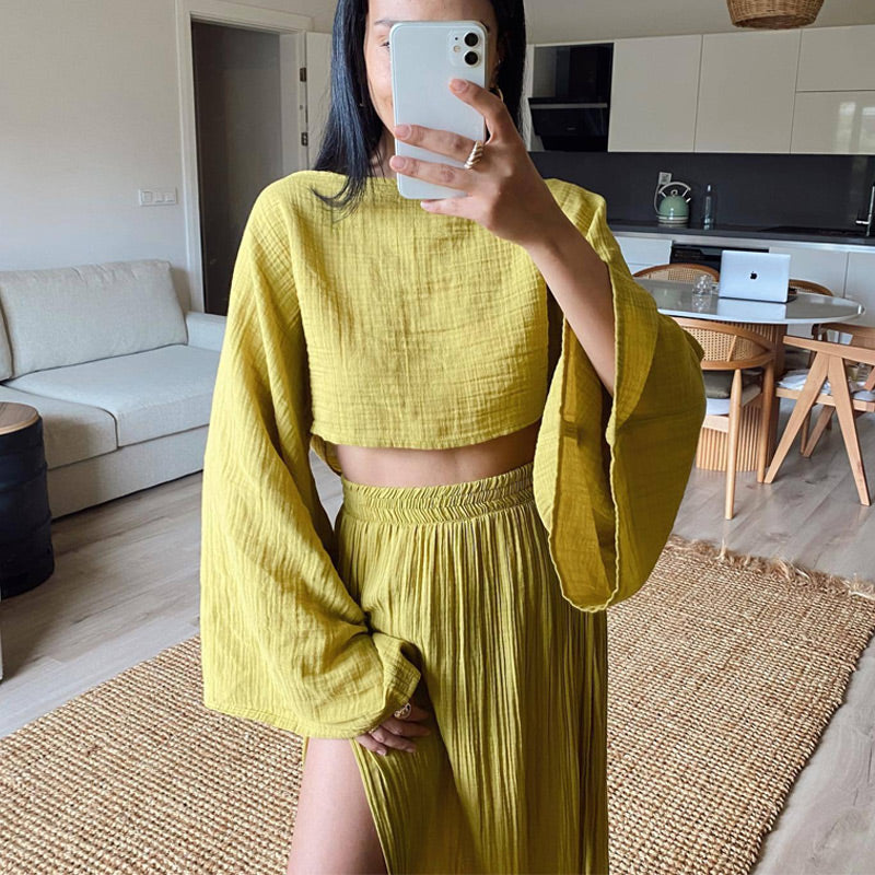 🔥👗Damski codzienny komplet z bawełny i lnu z rozcięciem z boku, dwuczęściowy