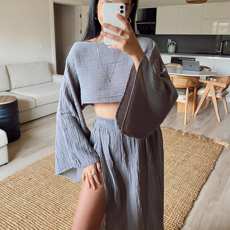 🔥👗Damski codzienny komplet z bawełny i lnu z rozcięciem z boku, dwuczęściowy