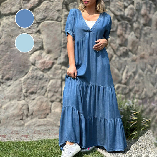 🔥👗Luźna sukienka jeansowa z dekoltem w szpic