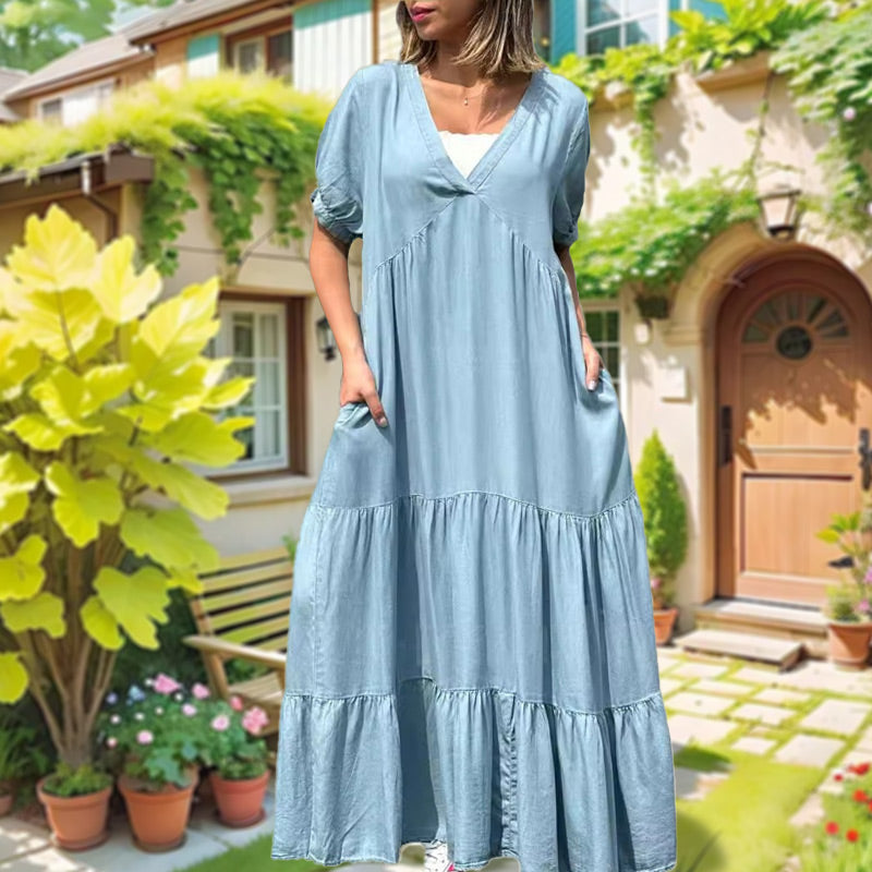 🔥👗Luźna sukienka jeansowa z dekoltem w szpic