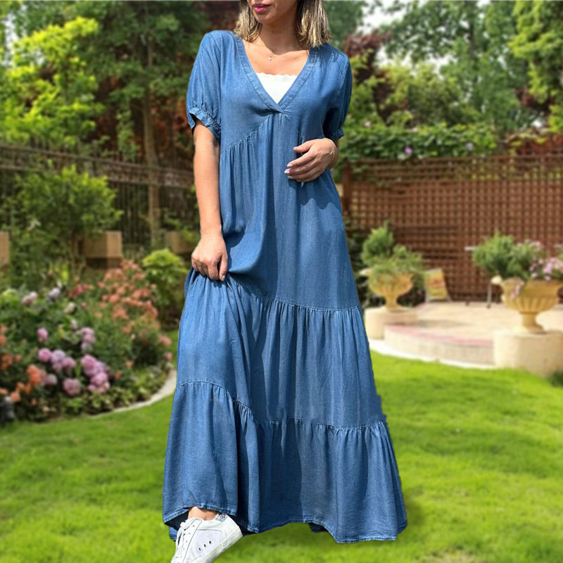 🔥👗Luźna sukienka jeansowa z dekoltem w szpic