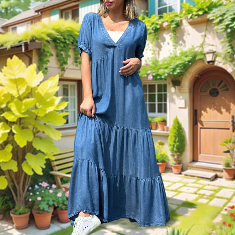 🔥👗Luźna sukienka jeansowa z dekoltem w szpic