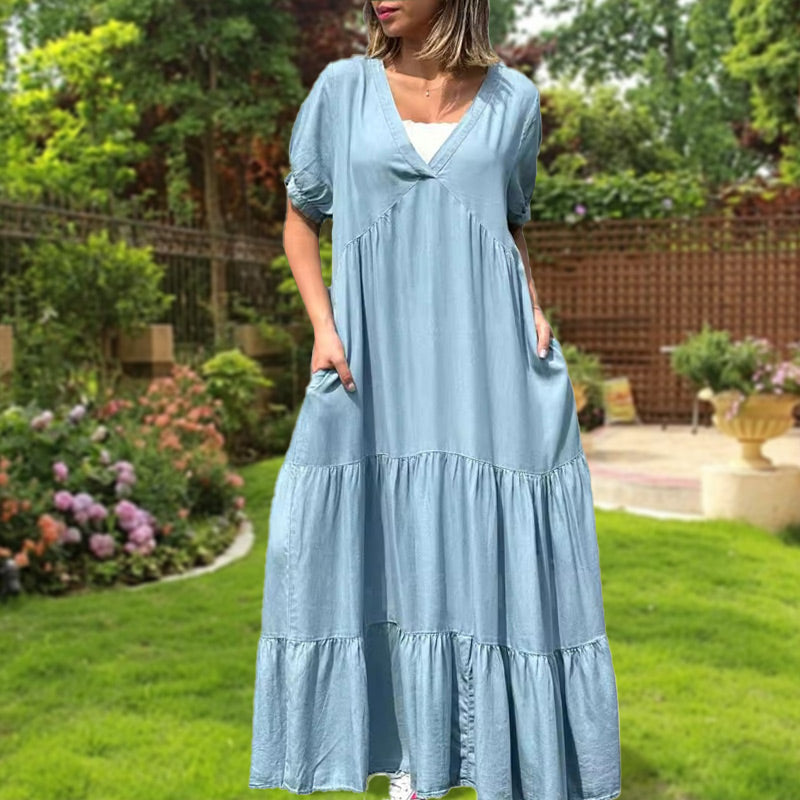 🔥👗Luźna sukienka jeansowa z dekoltem w szpic