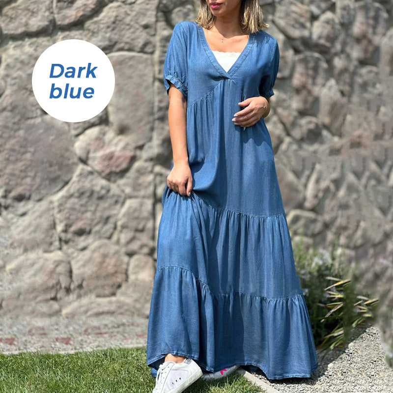 🔥👗Luźna sukienka jeansowa z dekoltem w szpic
