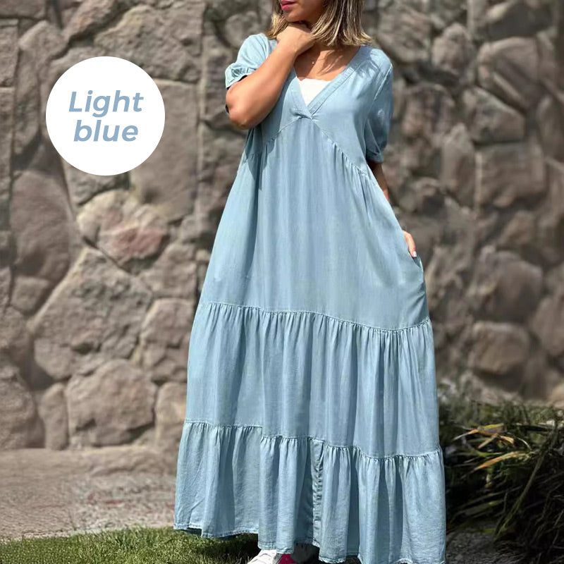 🔥👗Luźna sukienka jeansowa z dekoltem w szpic