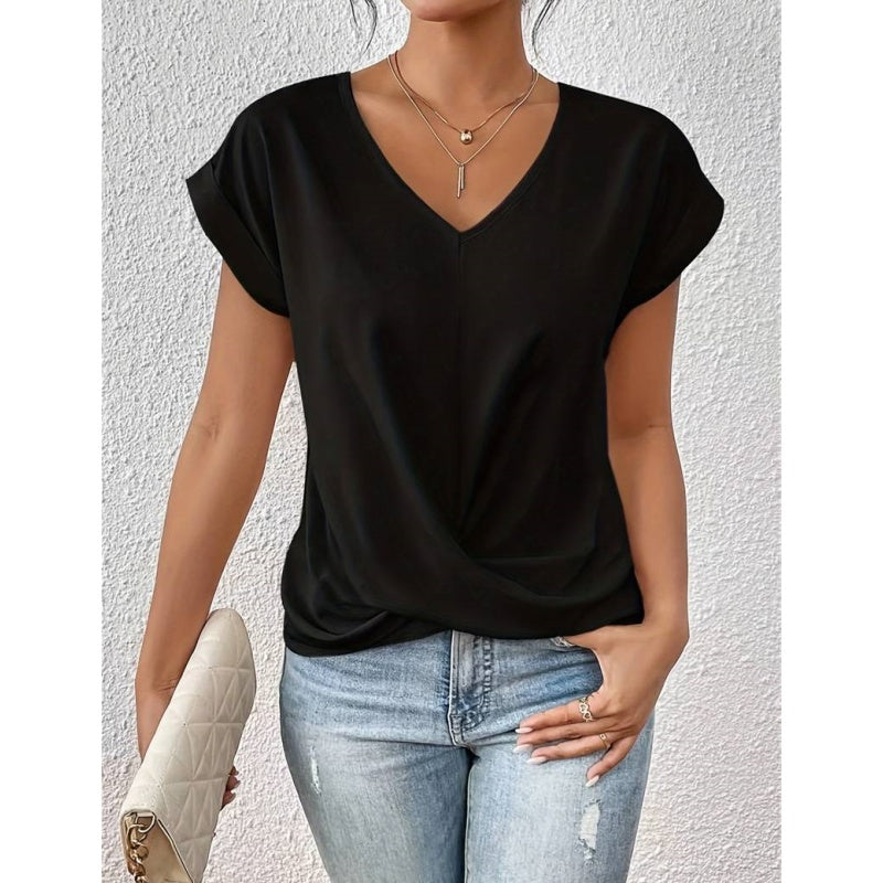 🔥👚 Casual Krótki Rękaw Elegancki T-shirt z Dekoltem w Serek