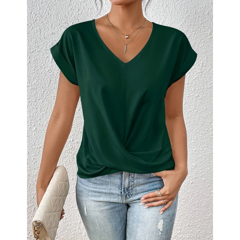 🔥👚 Casual Krótki Rękaw Elegancki T-shirt z Dekoltem w Serek