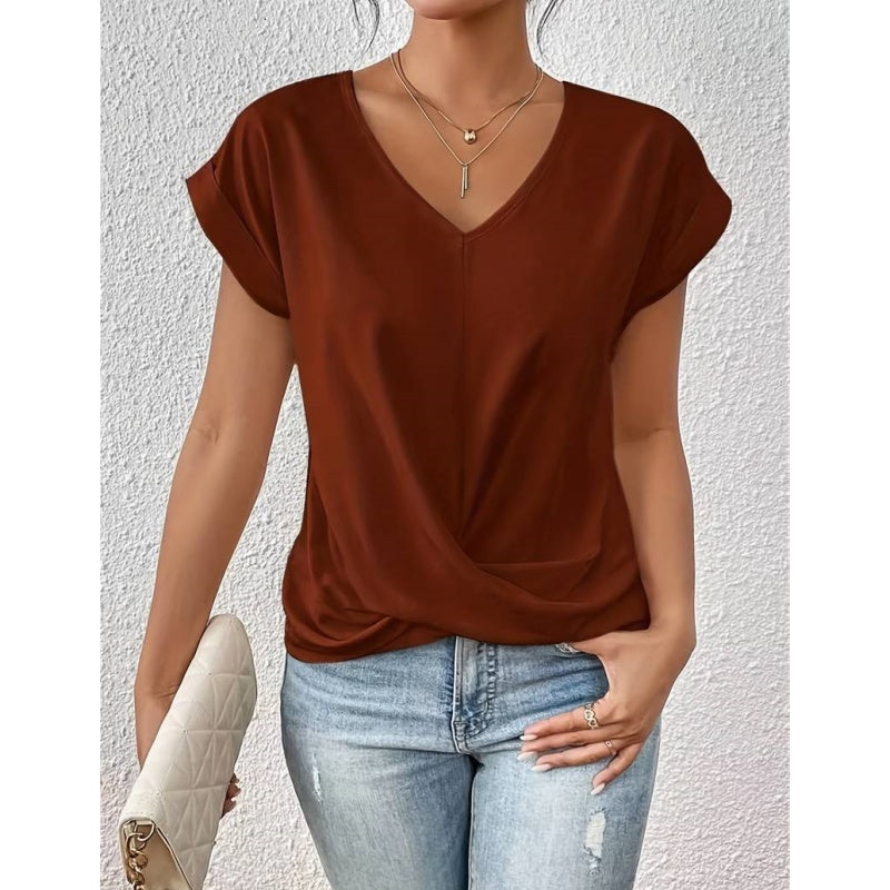 🔥👚 Casual Krótki Rękaw Elegancki T-shirt z Dekoltem w Serek