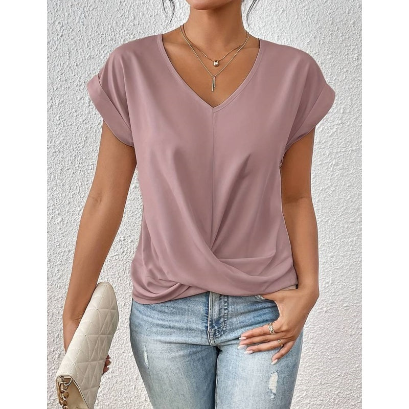 🔥👚 Casual Krótki Rękaw Elegancki T-shirt z Dekoltem w Serek