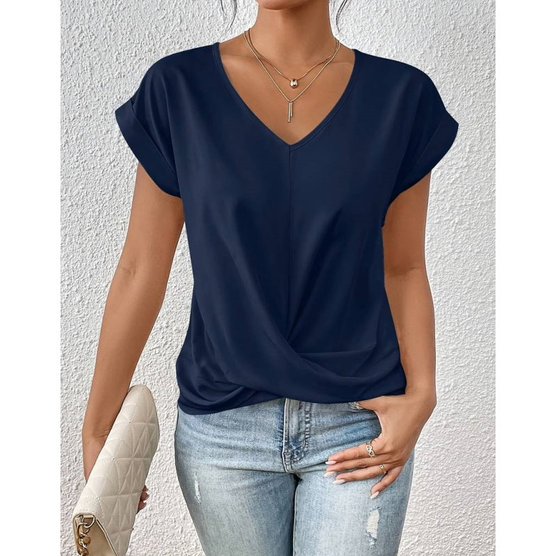 🔥👚 Casual Krótki Rękaw Elegancki T-shirt z Dekoltem w Serek