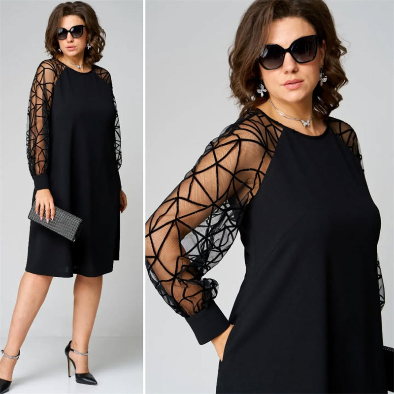 🔥👗Luźna czarna sukienka z siateczkowym rękawem