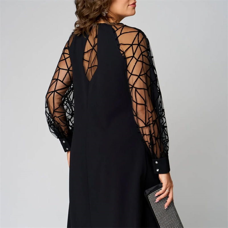 🔥👗Luźna czarna sukienka z siateczkowym rękawem