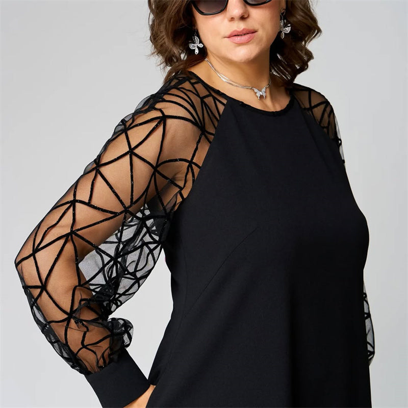 🔥👗Luźna czarna sukienka z siateczkowym rękawem