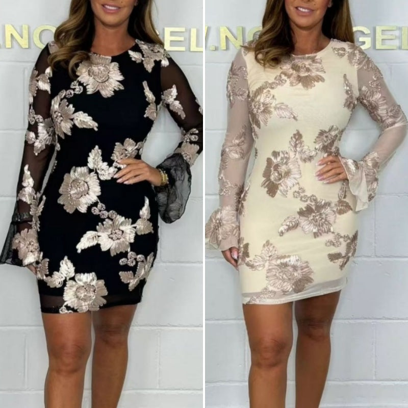 🌸Wiosenne promocje  💐Elegancka damska sukienka bodycon z haftowanymi kwiatami i dzwonkowymi rękawami