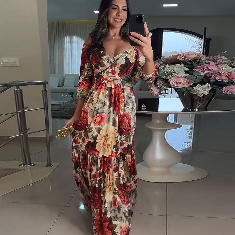 🔥👗Damska plisowana sukienka z dekoltem w serek i nadrukiem kwiatowym 🌹