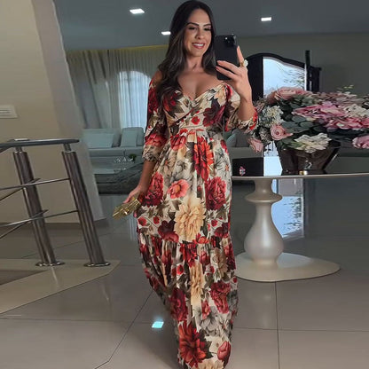 🔥👗Damska plisowana sukienka z dekoltem w serek i nadrukiem kwiatowym 🌹