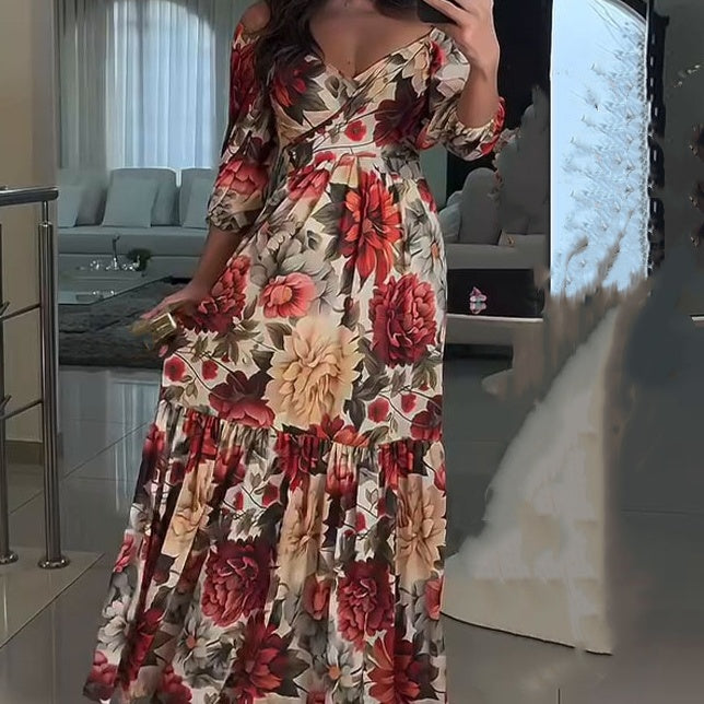 🔥👗Damska plisowana sukienka z dekoltem w serek i nadrukiem kwiatowym 🌹