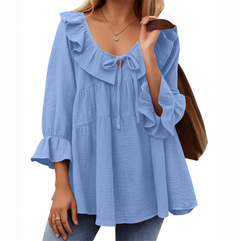 🔥👚Damska bluzka z falbaną i kokardą na siedem czwartych rękawa