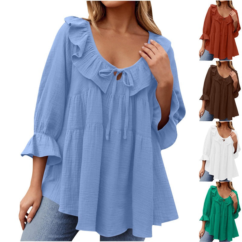 🔥👚Damska bluzka z falbaną i kokardą na siedem czwartych rękawa