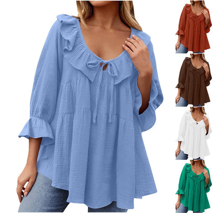 🔥👚Damska bluzka z falbaną i kokardą na siedem czwartych rękawa