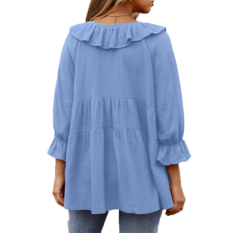 🔥👚Damska bluzka z falbaną i kokardą na siedem czwartych rękawa