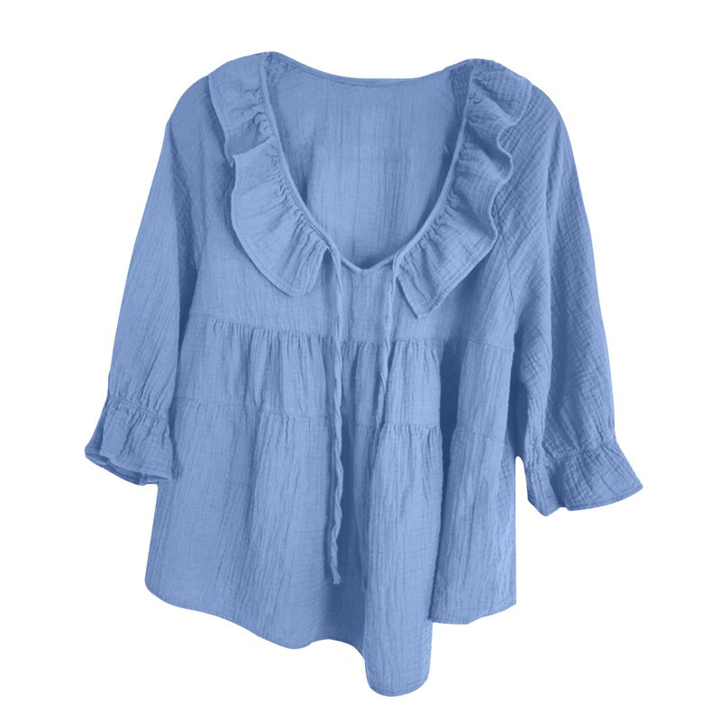 🔥👚Damska bluzka z falbaną i kokardą na siedem czwartych rękawa