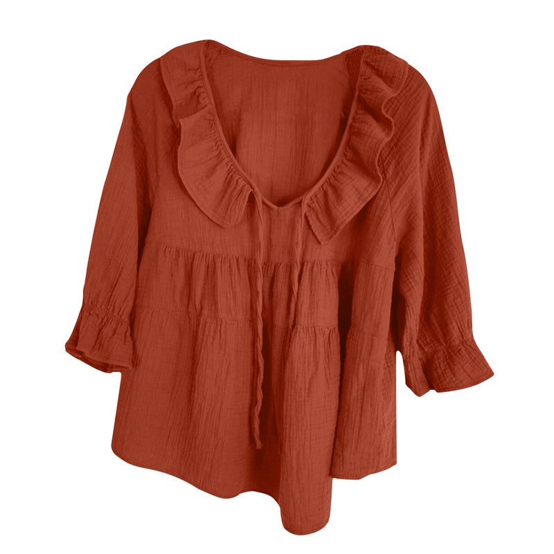 🔥👚Damska bluzka z falbaną i kokardą na siedem czwartych rękawa