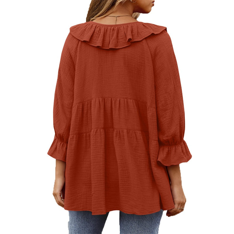🔥👚Damska bluzka z falbaną i kokardą na siedem czwartych rękawa
