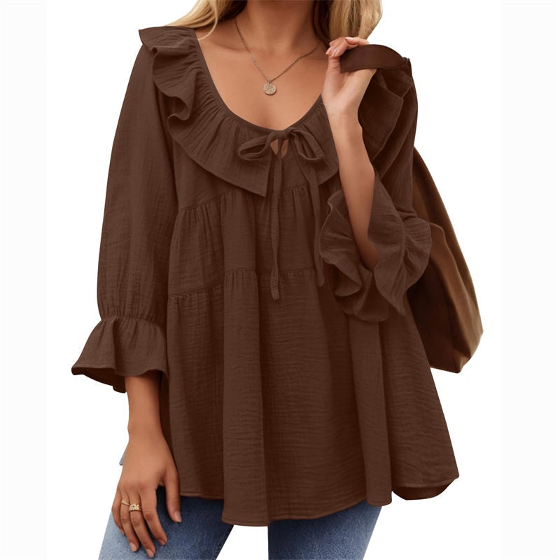 🔥👚Damska bluzka z falbaną i kokardą na siedem czwartych rękawa