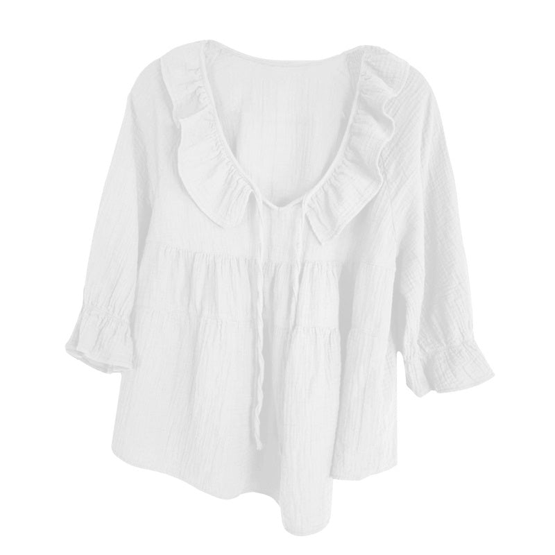 🔥👚Damska bluzka z falbaną i kokardą na siedem czwartych rękawa