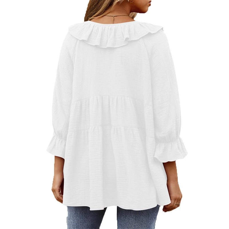 🔥👚Damska bluzka z falbaną i kokardą na siedem czwartych rękawa