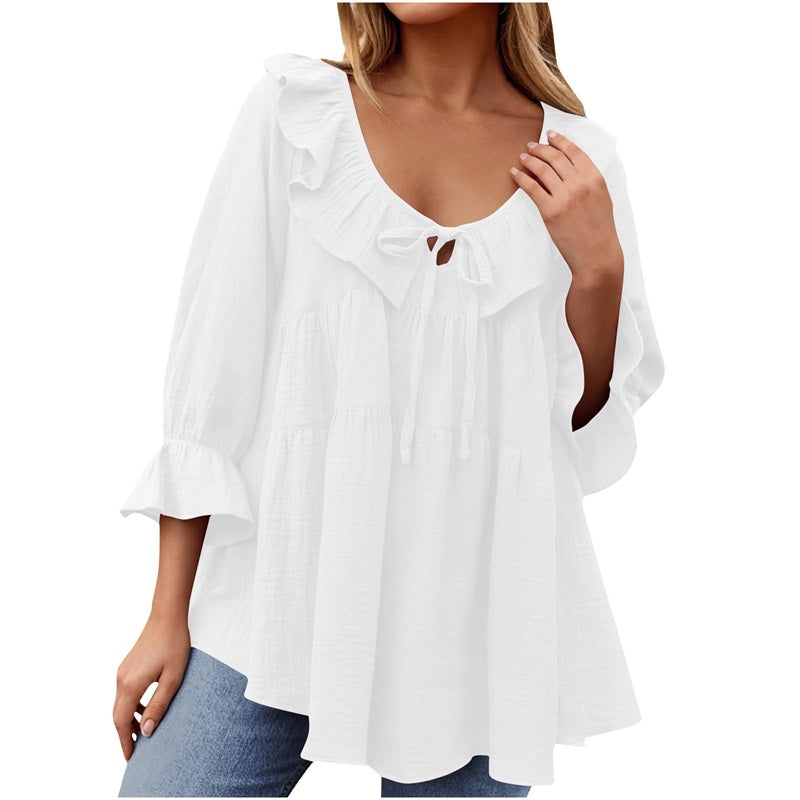 🔥👚Damska bluzka z falbaną i kokardą na siedem czwartych rękawa