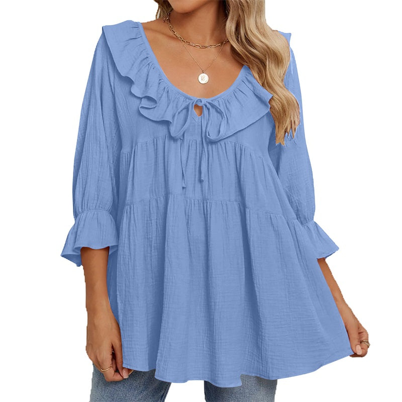 🔥👚Damska bluzka z falbaną i kokardą na siedem czwartych rękawa