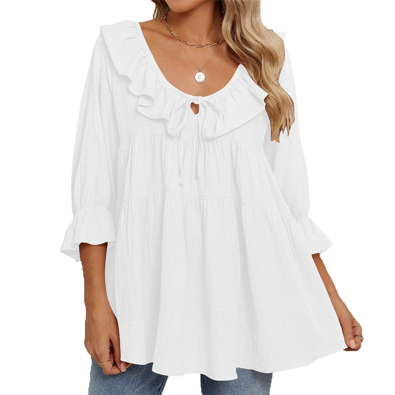 🔥👚Damska bluzka z falbaną i kokardą na siedem czwartych rękawa