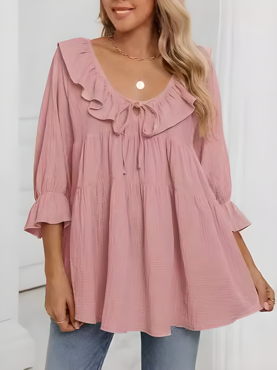 🔥👚Damska bluzka z falbaną i kokardą na siedem czwartych rękawa