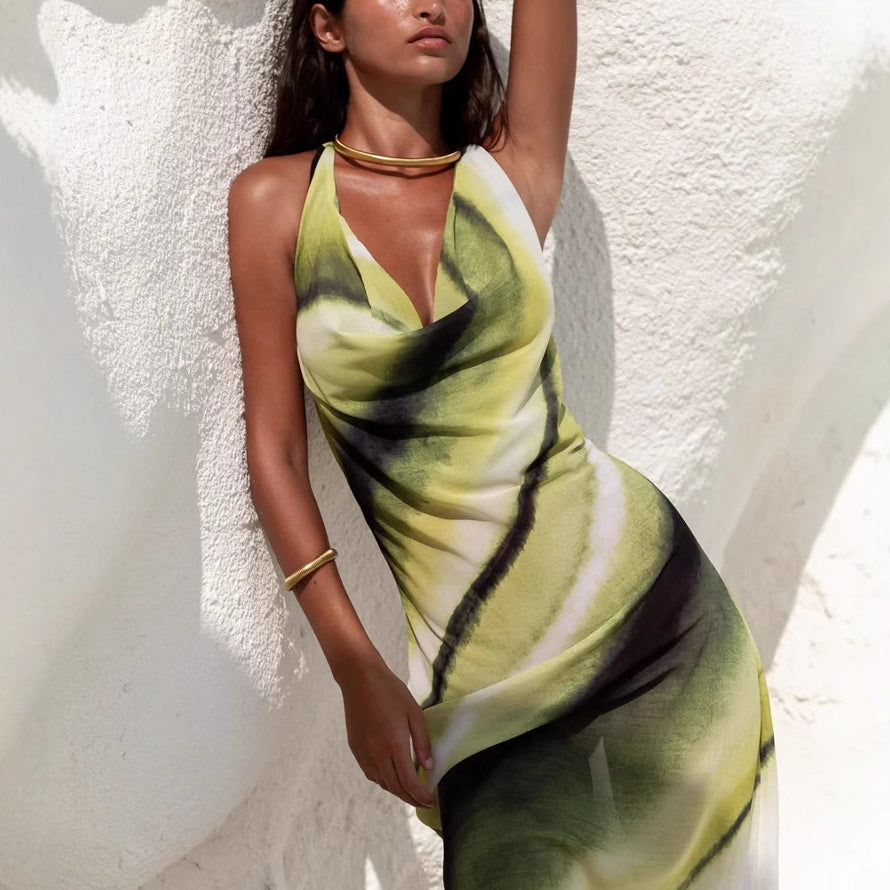 🔥👗Seksowna damska sukienka maxi z nadrukiem i odkrytymi plecami