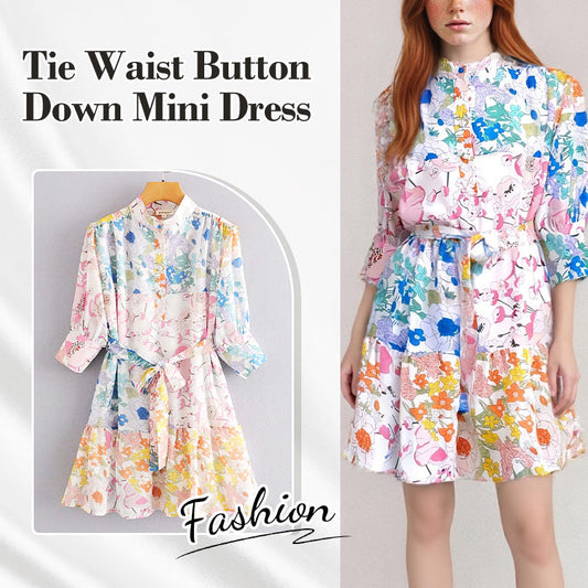 🔥👗 Sukienka mini z wiązaniem w talii i guzikami oraz kwiatowym nadrukiem – styl i elegancja bez wysiłku! 🌸