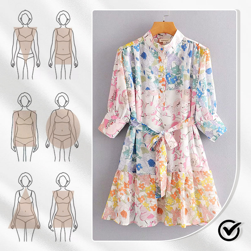 🔥👗 Sukienka mini z wiązaniem w talii i guzikami oraz kwiatowym nadrukiem – styl i elegancja bez wysiłku! 🌸
