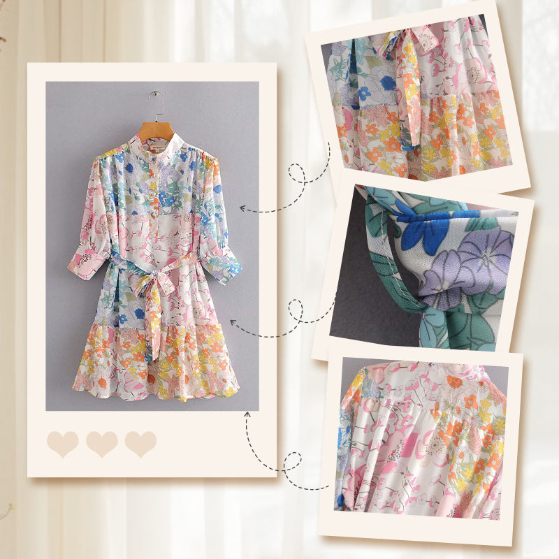 🔥👗 Sukienka mini z wiązaniem w talii i guzikami oraz kwiatowym nadrukiem – styl i elegancja bez wysiłku! 🌸