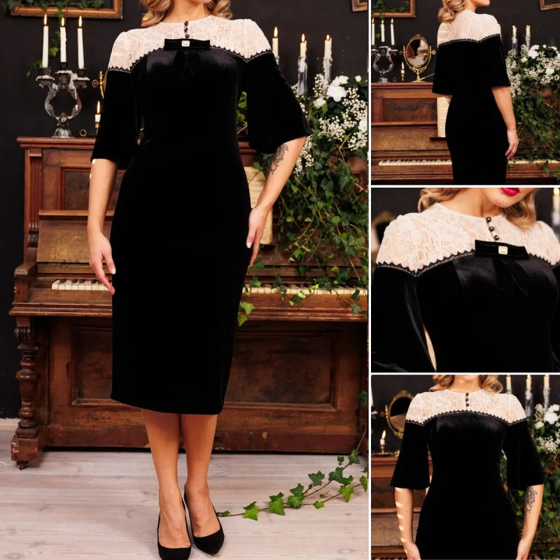 🔥👗Elegancka sukienka z koronkowym kołnierzykiem i dopasowanym krojem
