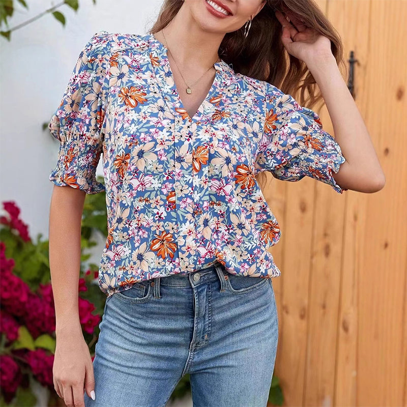 🔥👚Kwiatowa bluzka z bufiastymi rękawami i dekoltem w serek dla kobiet