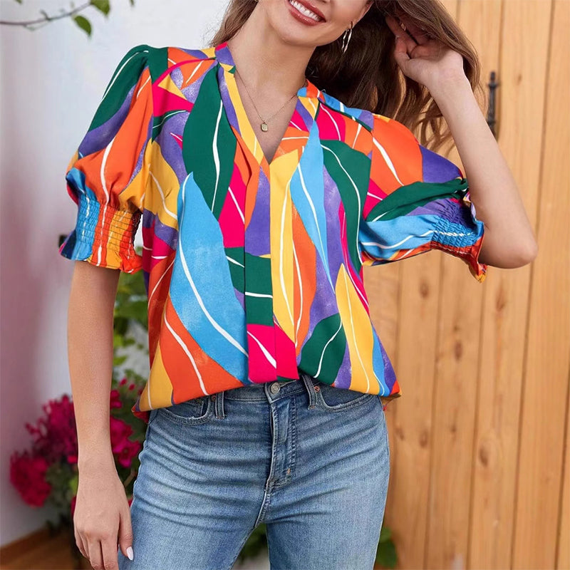 🔥👚Kwiatowa bluzka z bufiastymi rękawami i dekoltem w serek dla kobiet
